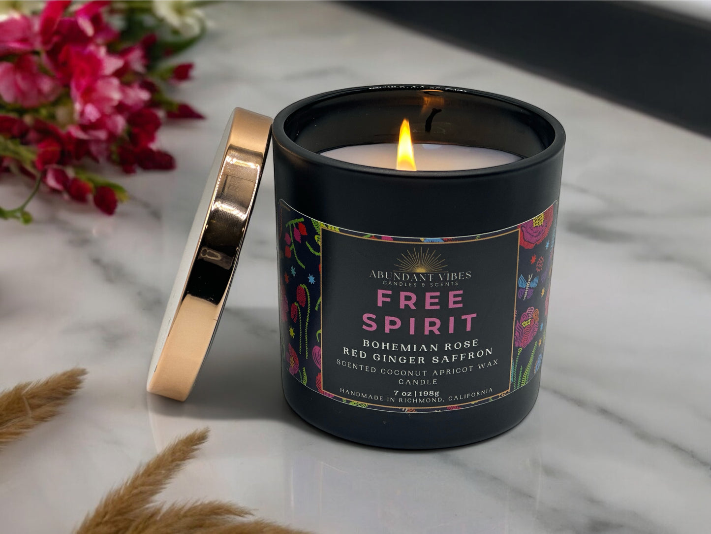 Bohemian Rose + Red Ginger Saffron Candle | Free Spirit | Luxury Coconut Apricot Wax Candle