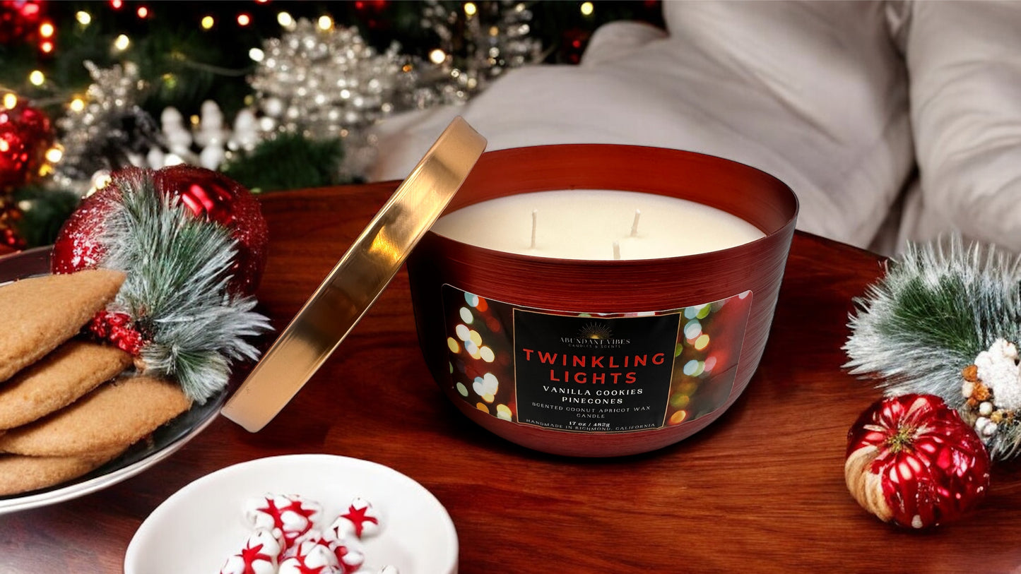 Vanilla Cookies + Pinecones Candle |Twinkling Lights | Luxury Coconut Apricot Wax Candle