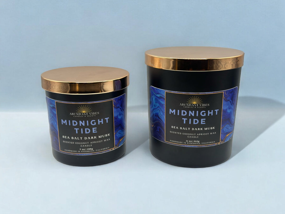Sea Salt + Dark Musk Candle | Midnight Tide | Luxury Coconut Apricot Wax Candle