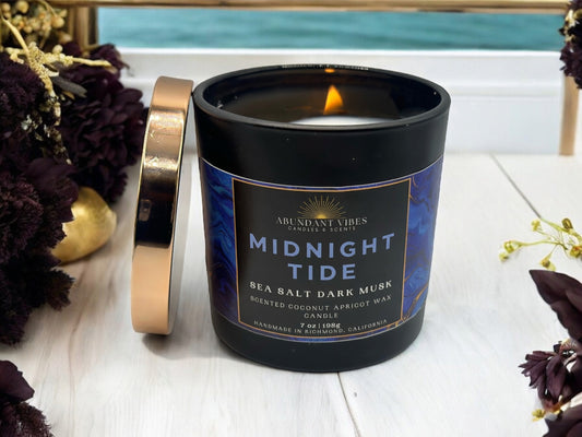 Sea Salt + Dark Musk Candle | Midnight Tide | Luxury Coconut Apricot Wax Candle
